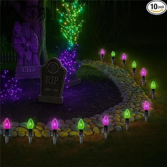 Halloween Stake Lights, 10PK C9 LED Pathway Lights with Purple & Green Bulbs - Picture 8 of 8